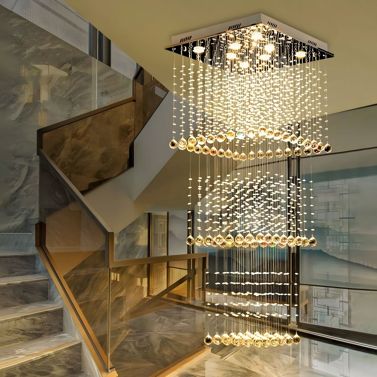 Square Tiered Raindrop Crystal Staircase Chandelier