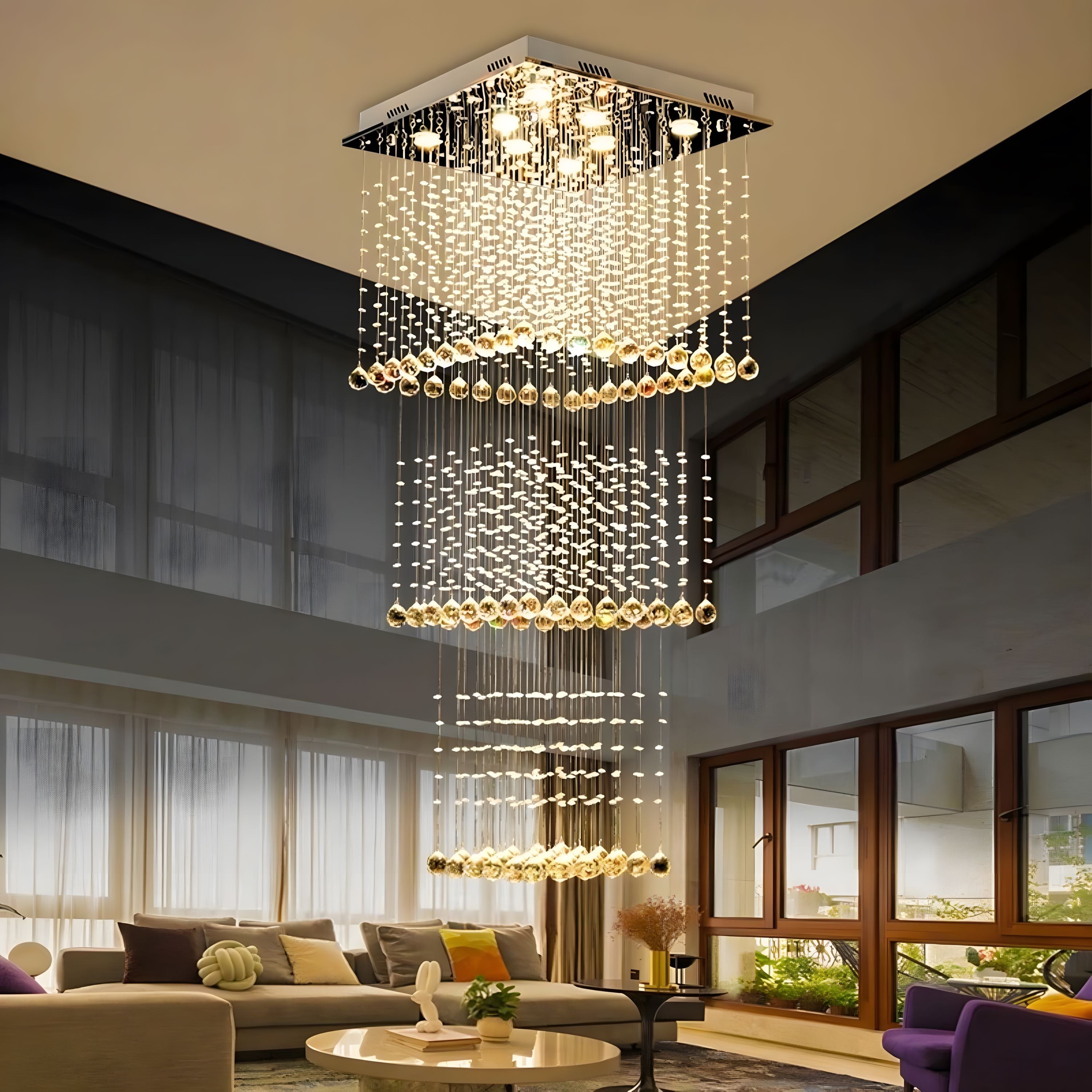 Square Tiered Raindrop Crystal Staircase Chandelier