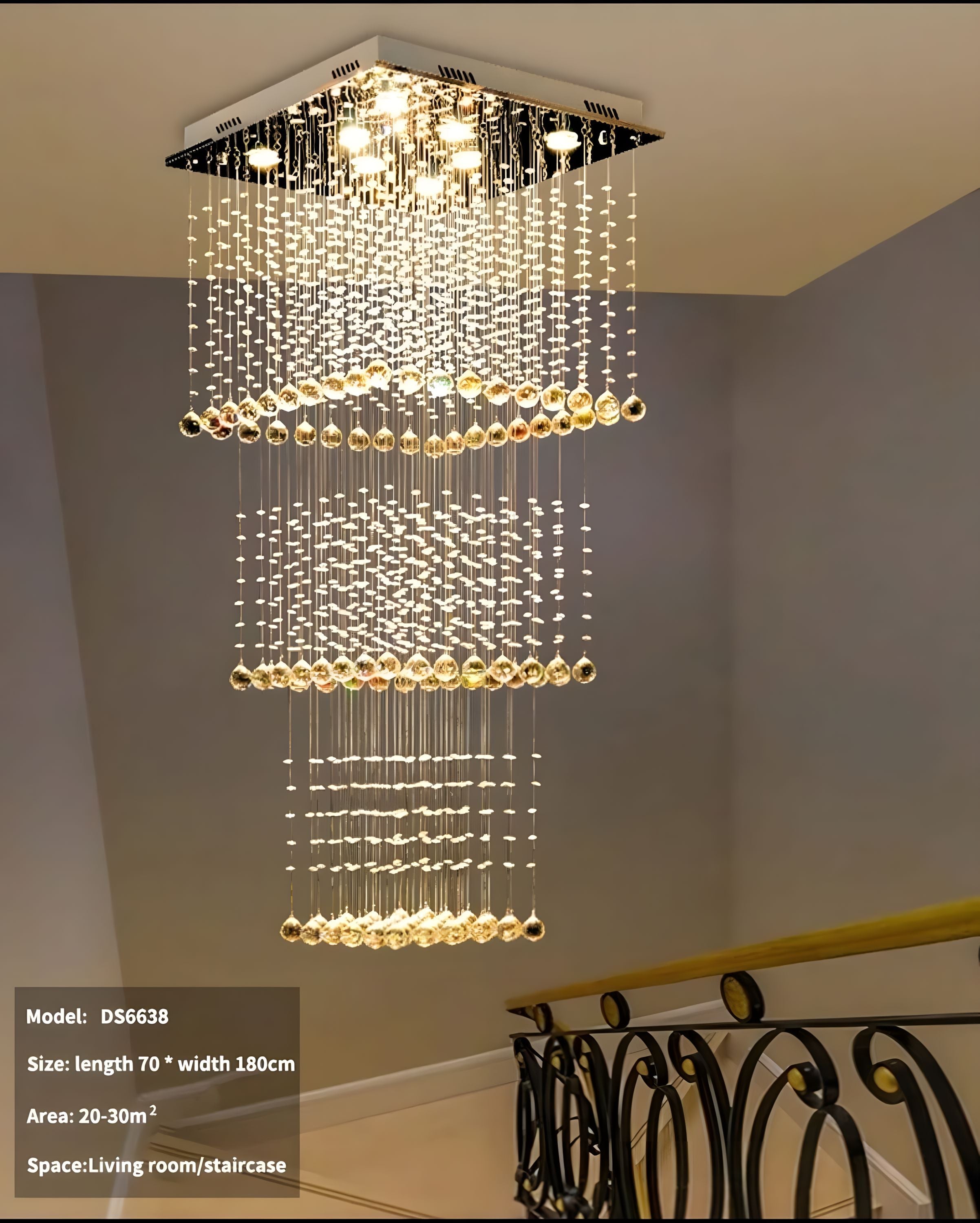 Square Tiered Raindrop Crystal Staircase Chandelier
