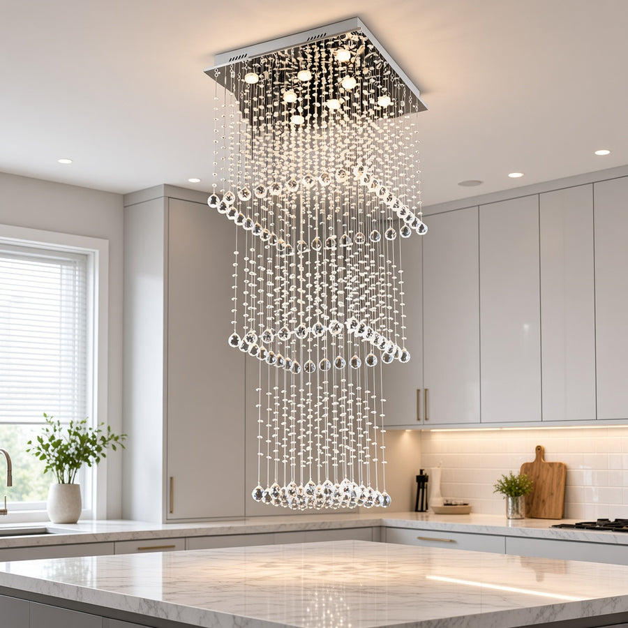 Square Tiered Raindrop Crystal Staircase Chandelier