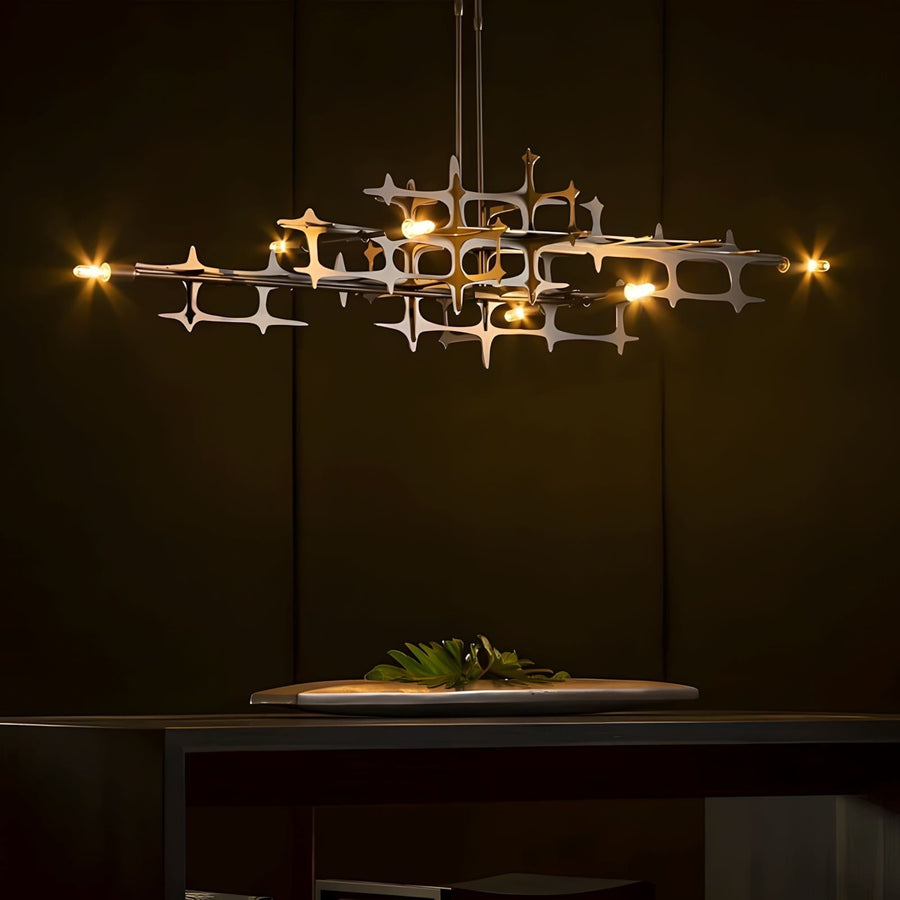 Stainless Steel Linear LED Chandelier above a dining table