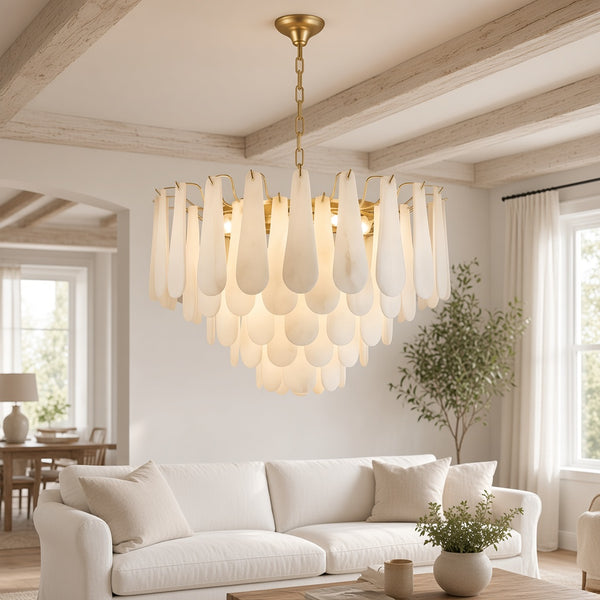 Three-Tier Alabaster Brass Chandelier