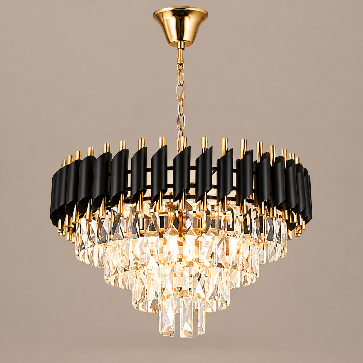 Tiered Crystal Drum Chandelier - Gold or Black - Black