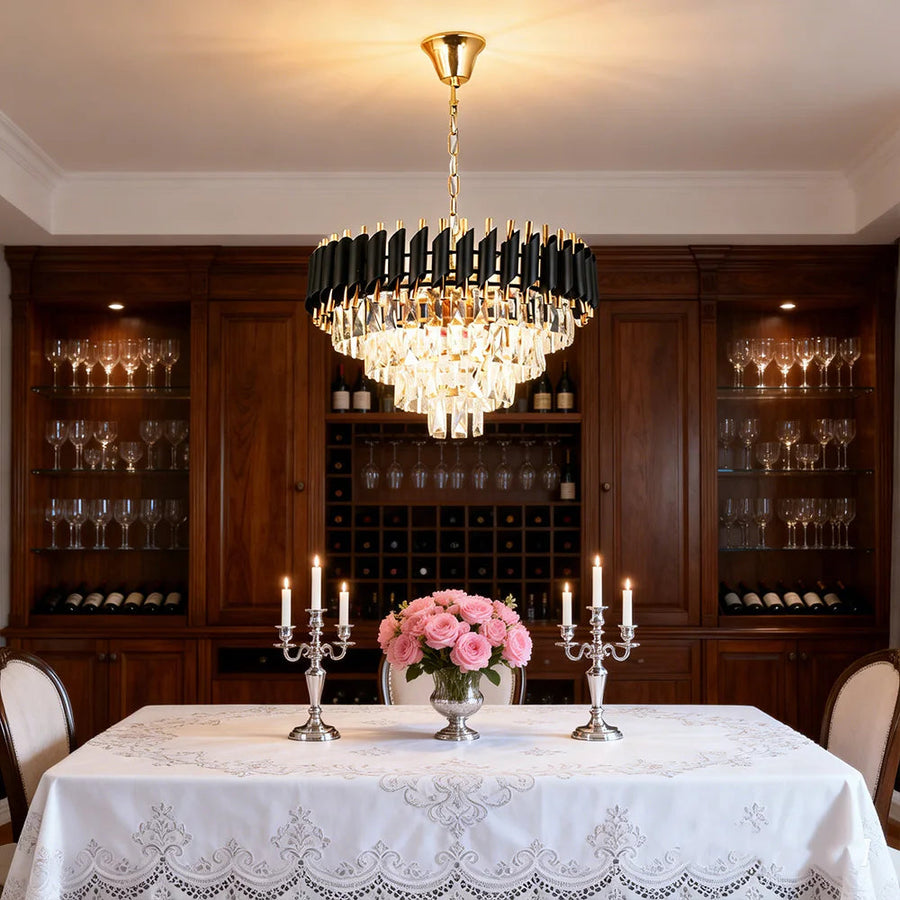 Tiered Crystal Drum Chandelier above a dining table