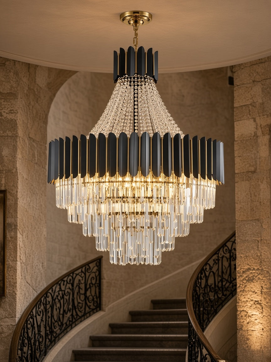 Tiered K9 Crystal Black and Gold Chandelier