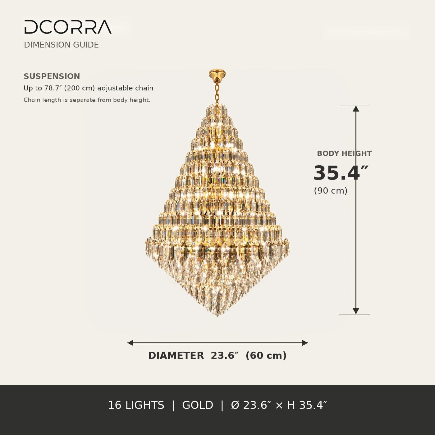 Tiered K9 Crystal Tall Chandelier - 23.6 in / Gold