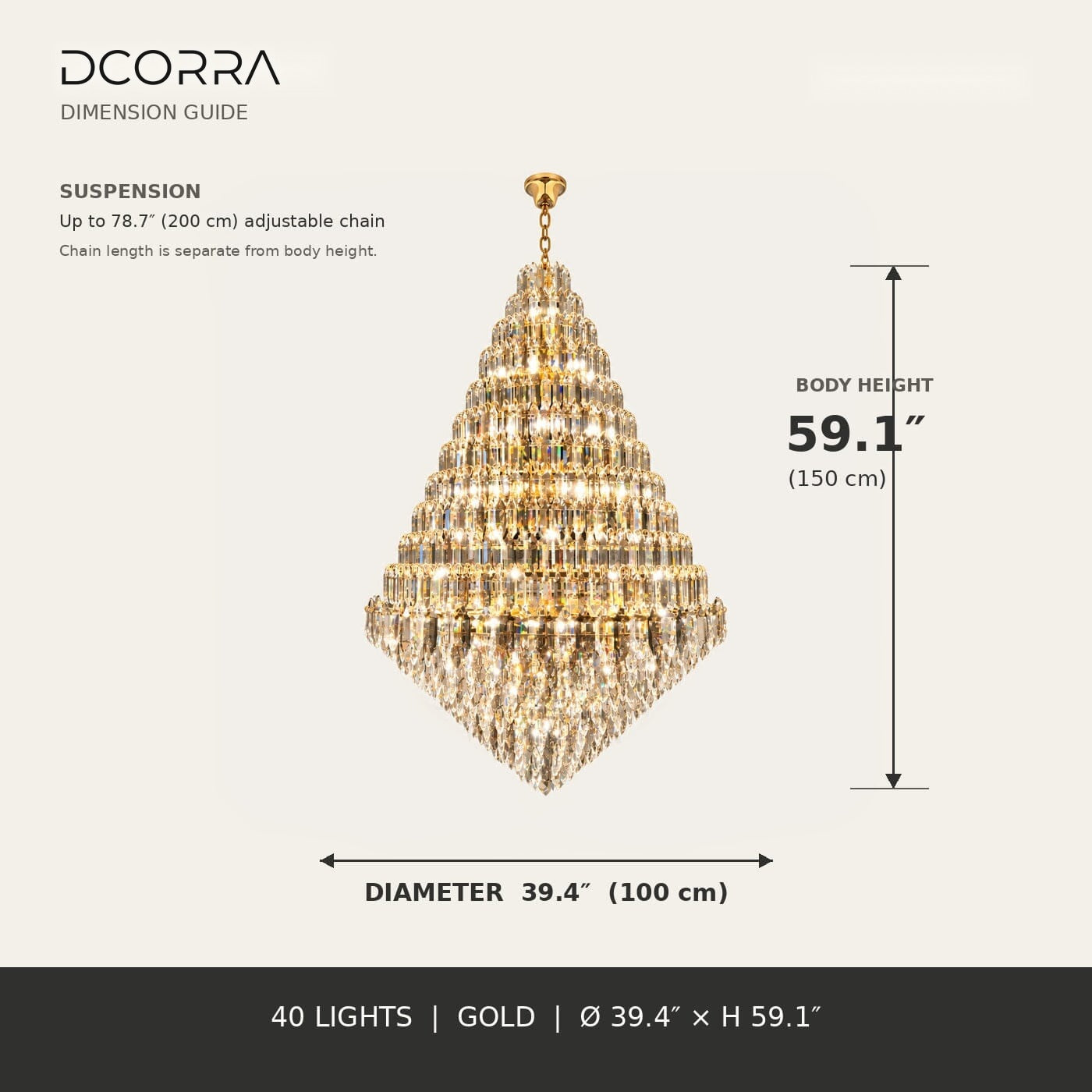 Tiered K9 Crystal Tall Chandelier - 39.4 in / Gold