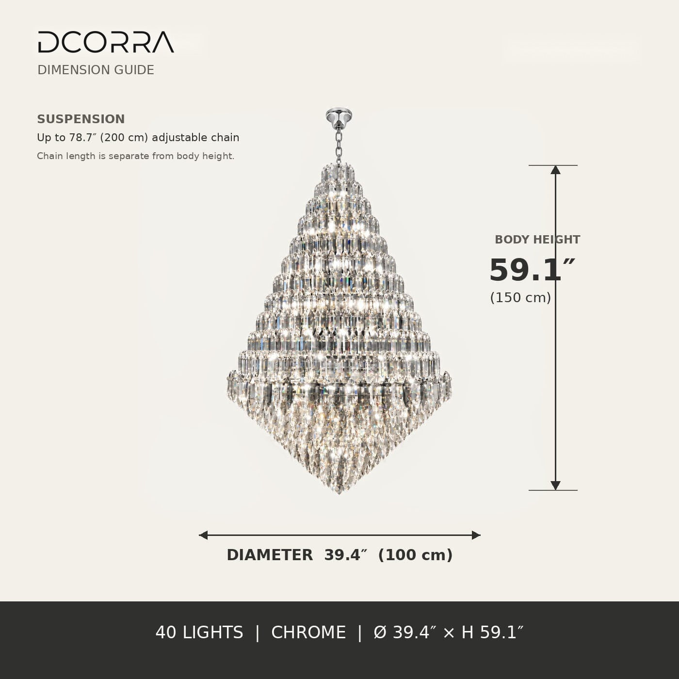 Tiered K9 Crystal Tall Chandelier - 39.4 in / Chrome