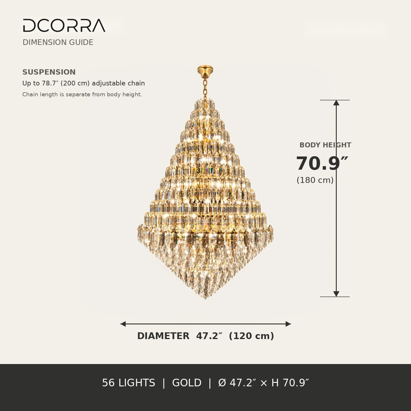 Tiered K9 Crystal Tall Chandelier - 47.2 in / Gold
