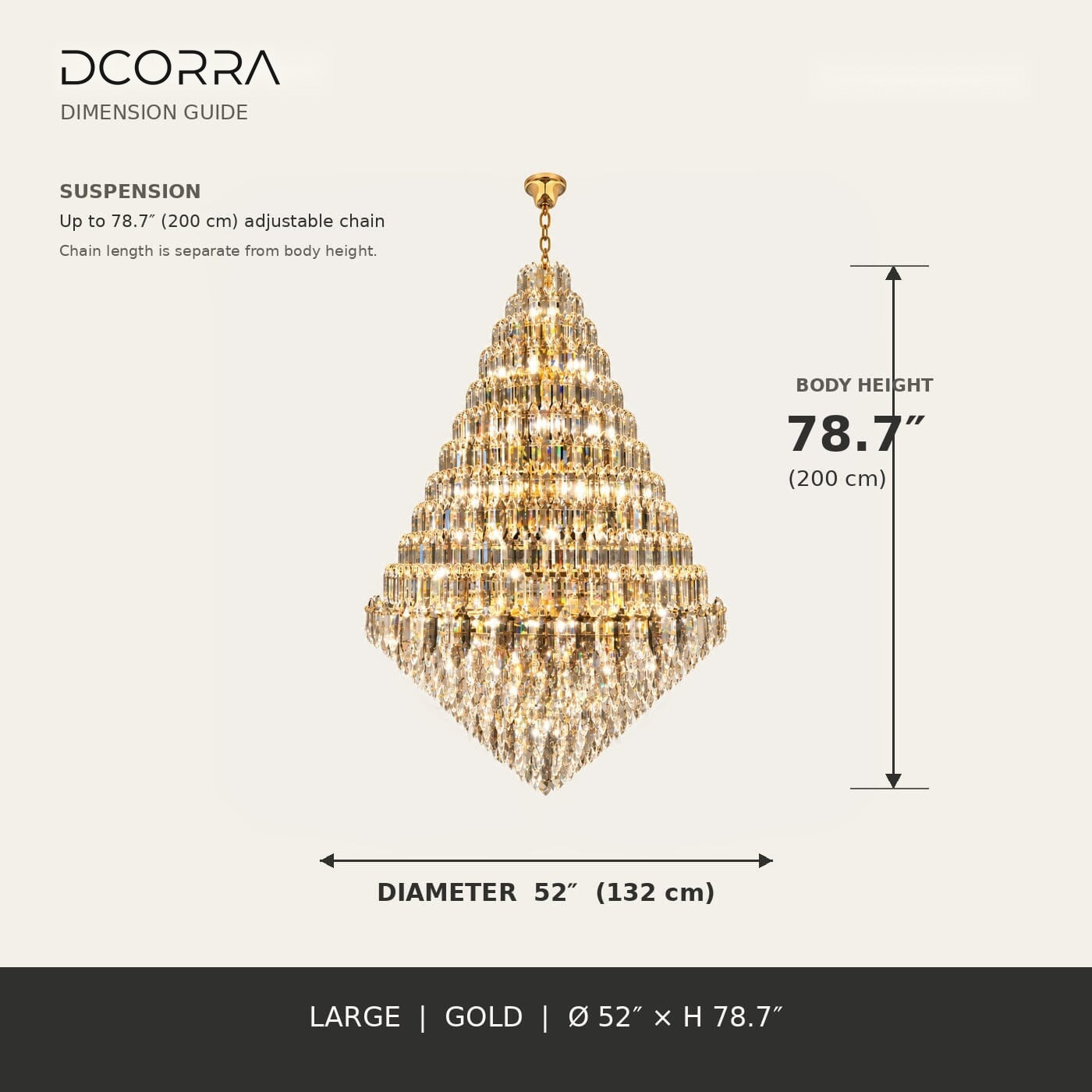 Tiered K9 Crystal Tall Chandelier - 52 in / Gold