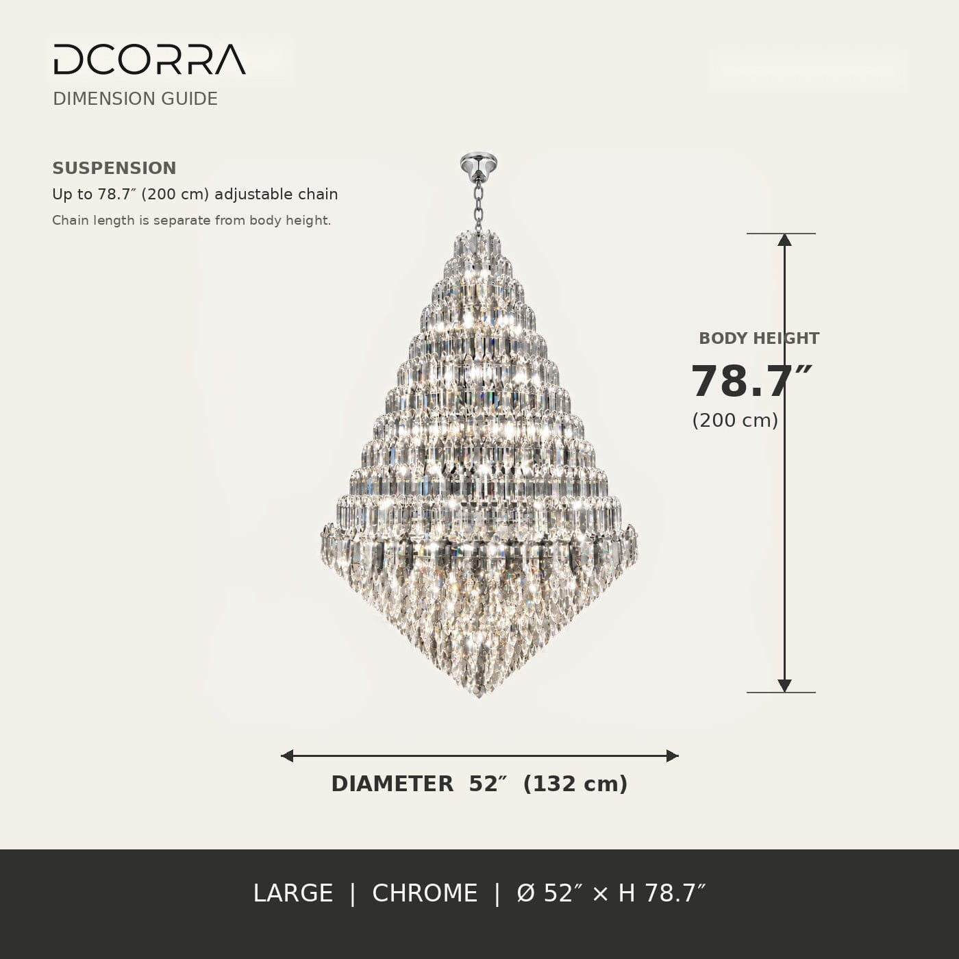 Tiered K9 Crystal Tall Chandelier - 52 in / Chrome
