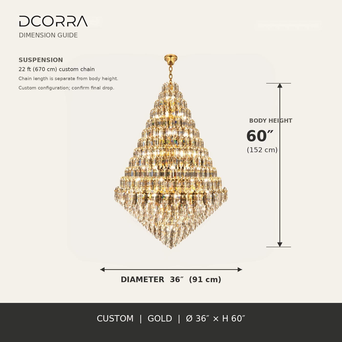 Tiered K9 Crystal Tall Chandelier - Custom 36 in / Gold