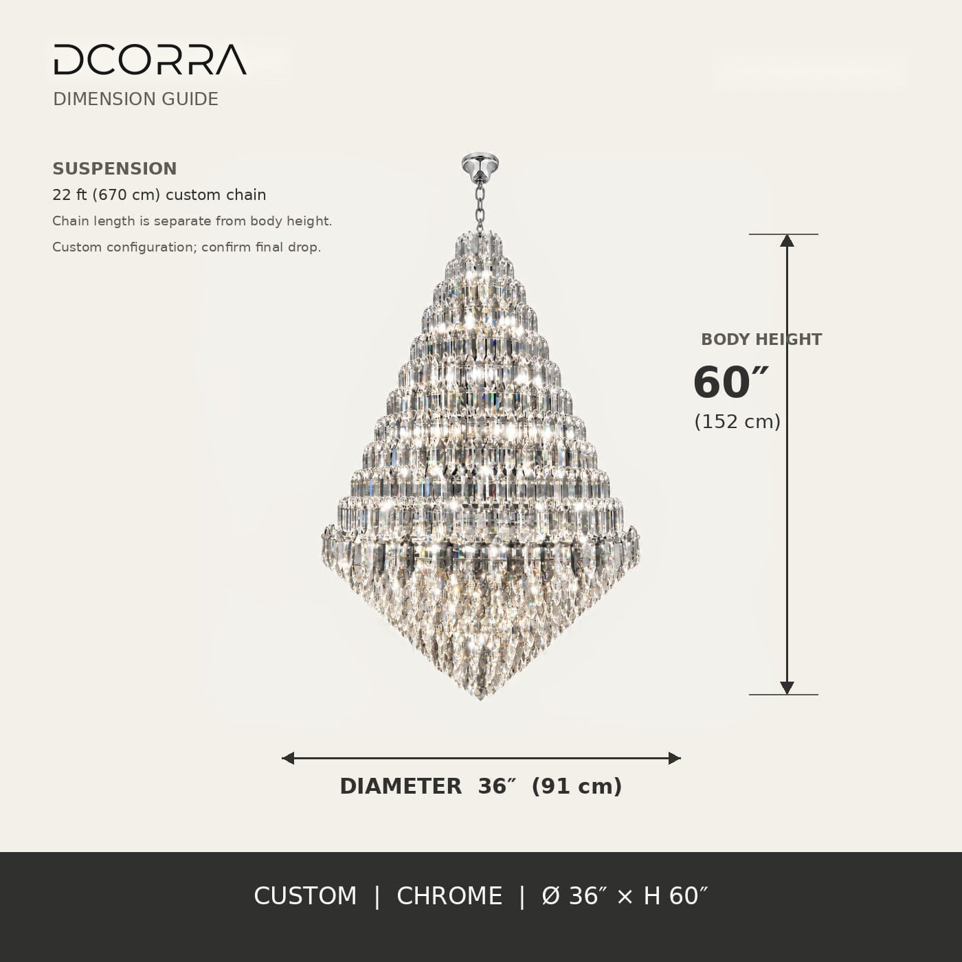 Tiered K9 Crystal Tall Chandelier - Custom 36 in / Chrome