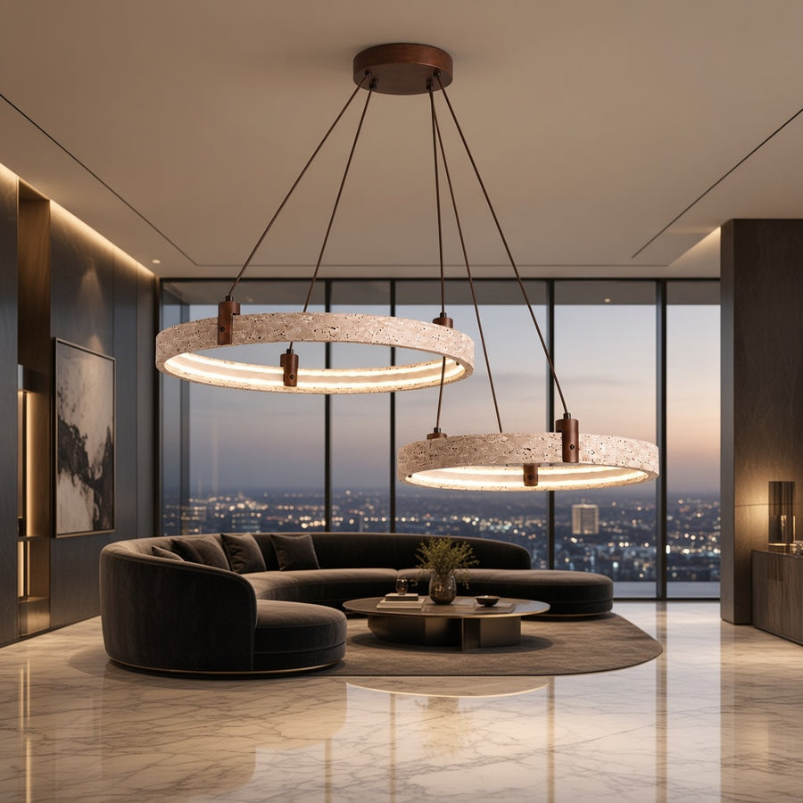 Travertine and Wood Ring Chandelier