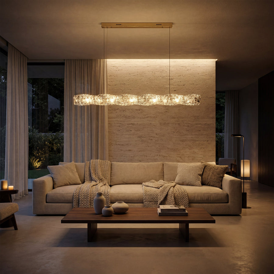 Twisted Crystal Ribbon Linear LED Chandelier in a living room