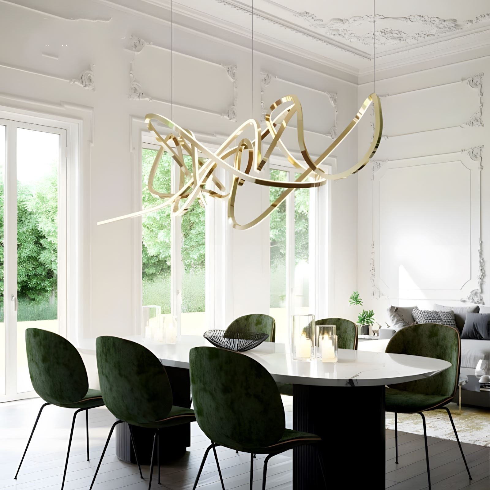Twisted Swirl LED Linear Chandelier above a dining table