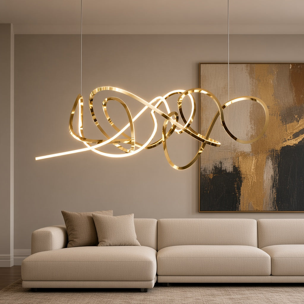 Twisted Swirl LED Linear Chandelier in a living room