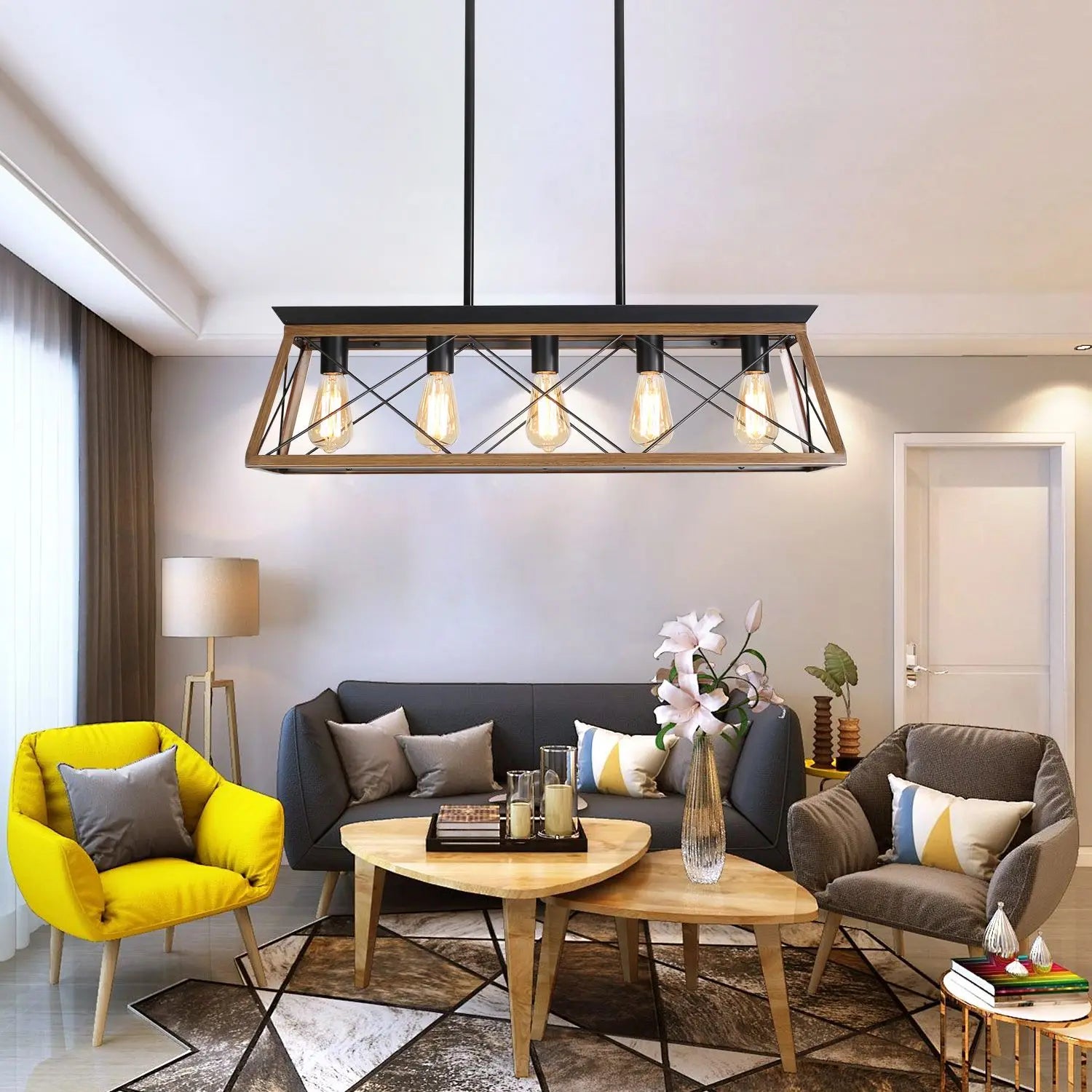 Walnut Finish Farmhouse Cage 5-Light Chandelier - view 2