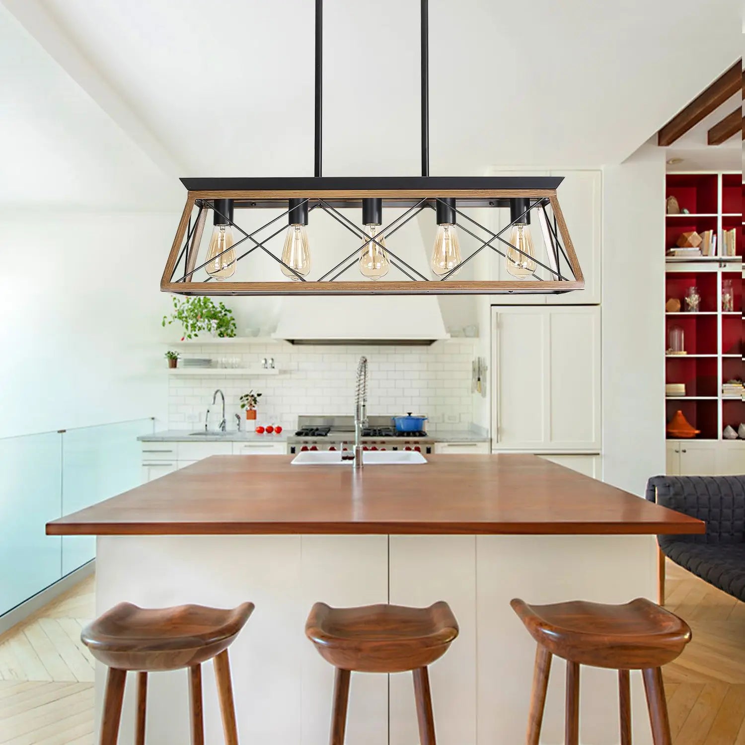 Walnut Finish Farmhouse Cage 5-Light Chandelier - view 4