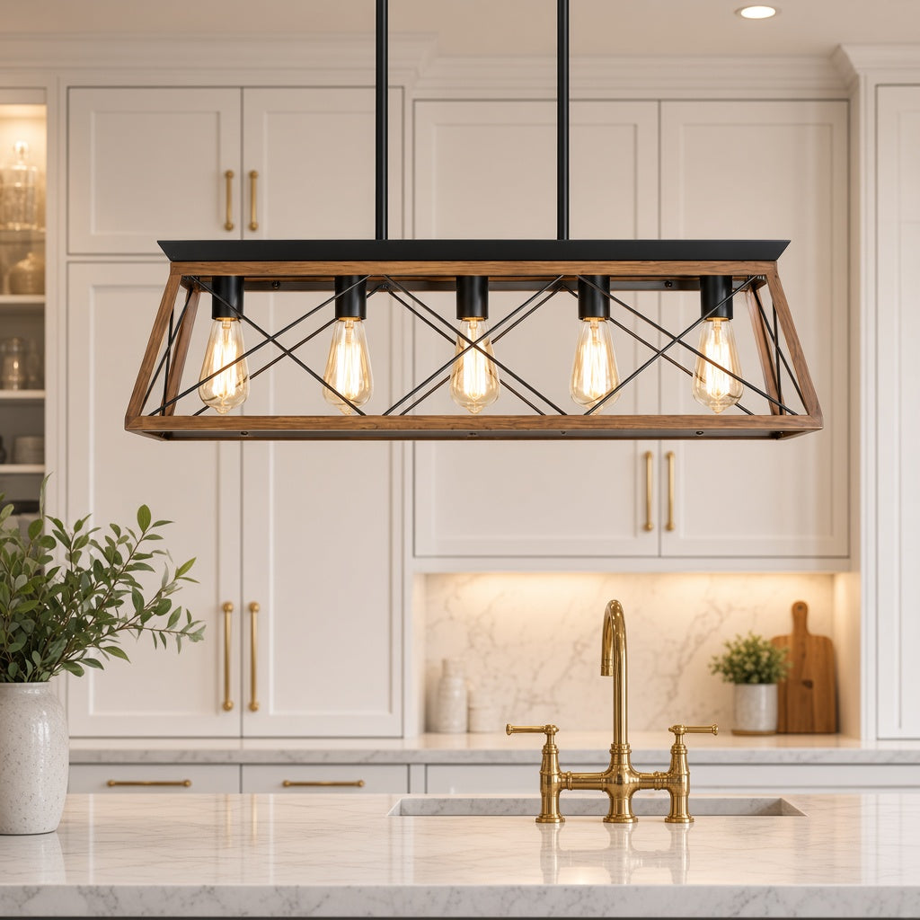 Walnut Finish Farmhouse Cage 5-Light Chandelier