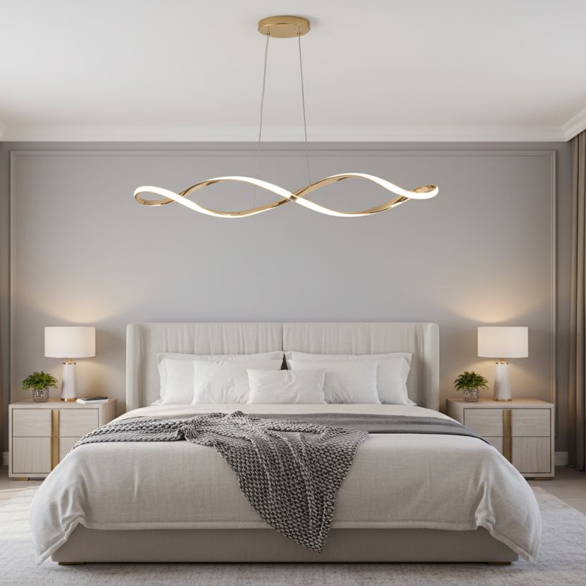 Wave Linear LED Pendant Light with Remote in a bedroom