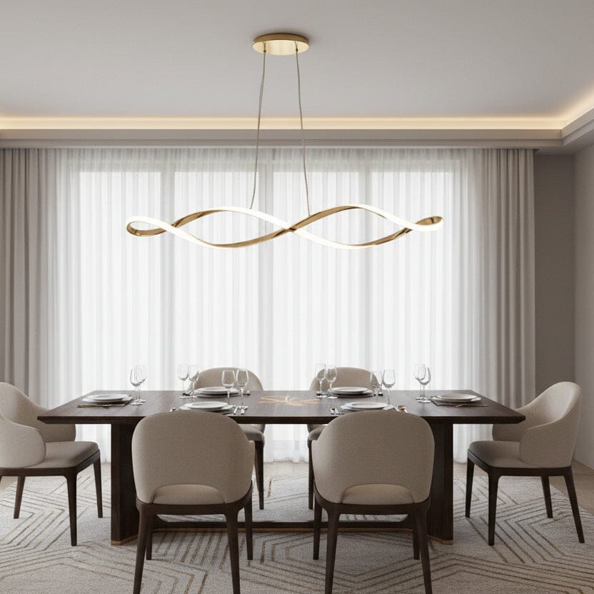 Wave Linear LED Pendant Light with Remote above a dining table