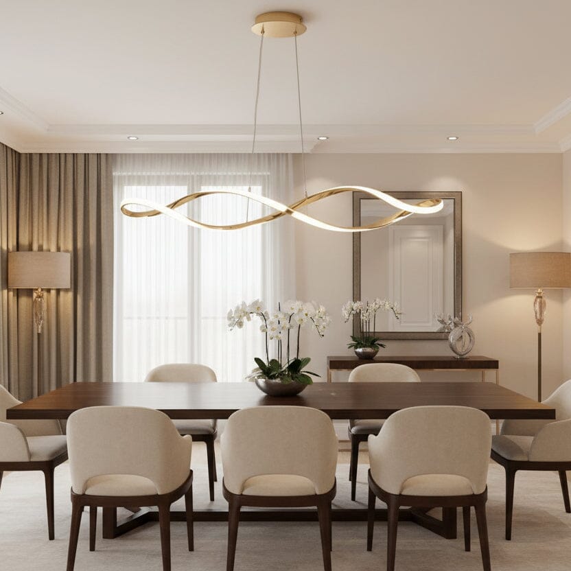 Wave Linear LED Pendant Light with Remote above a dining table