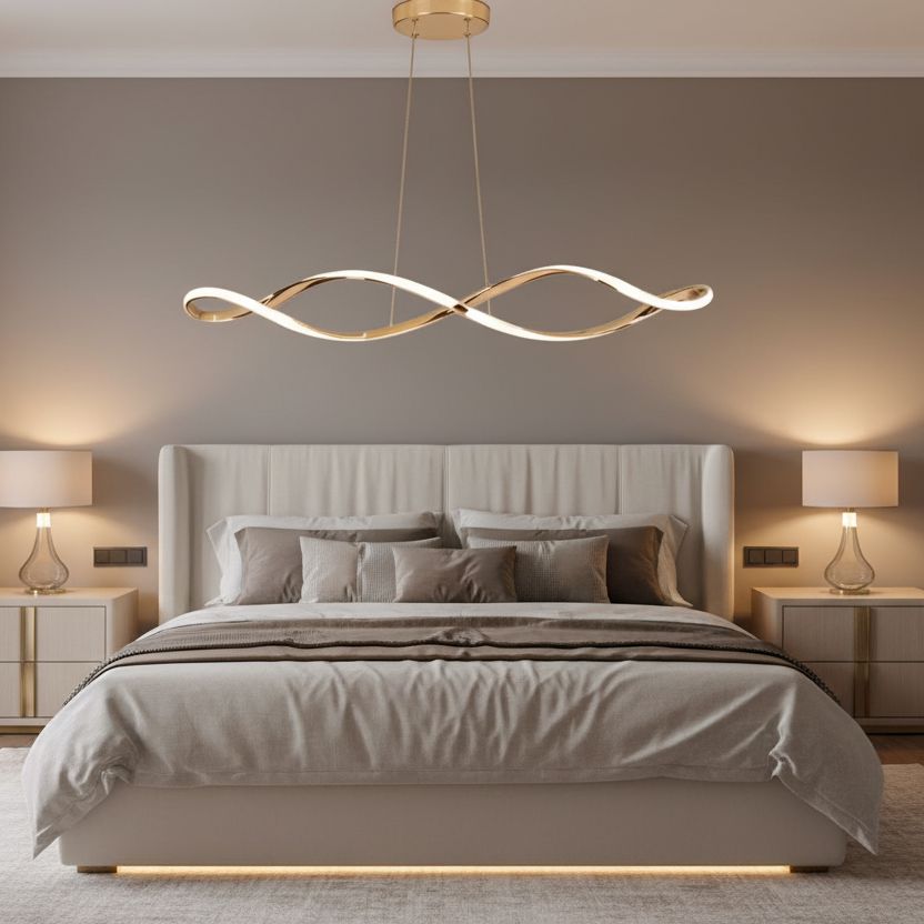 Wave Linear LED Pendant Light with Remote in a bedroom