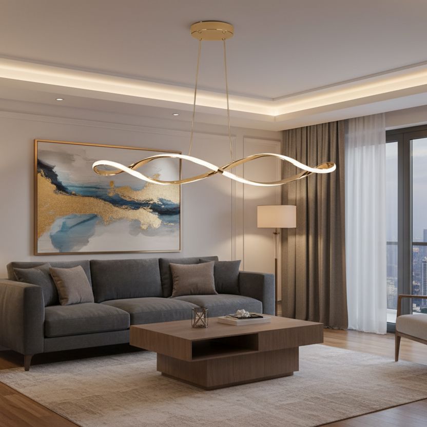 Wave Linear LED Pendant Light with Remote in a living room