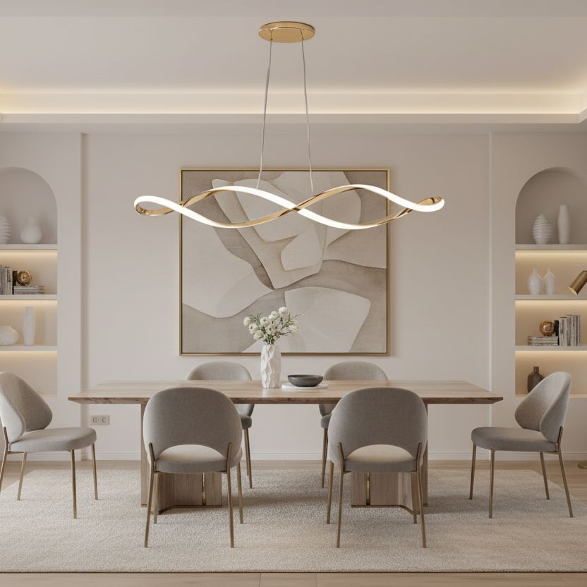 Wave Linear LED Pendant Light with Remote above a dining table