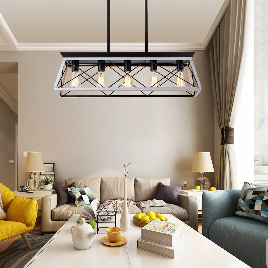 White and Black Farmhouse Cage 5-Light Chandelier