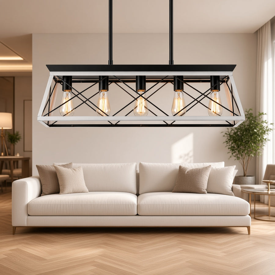 White and Black Farmhouse Cage 5-Light Chandelier
