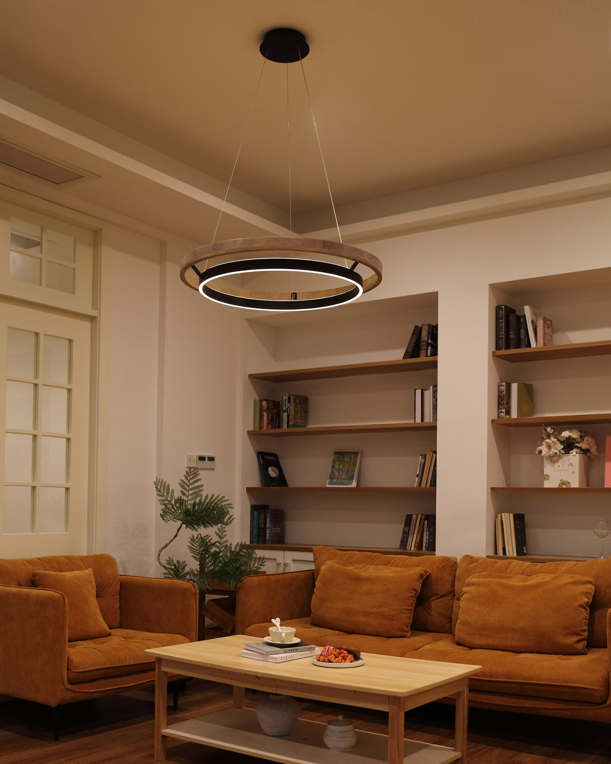 Wood and Acrylic Concentric Ring LED Chandelier