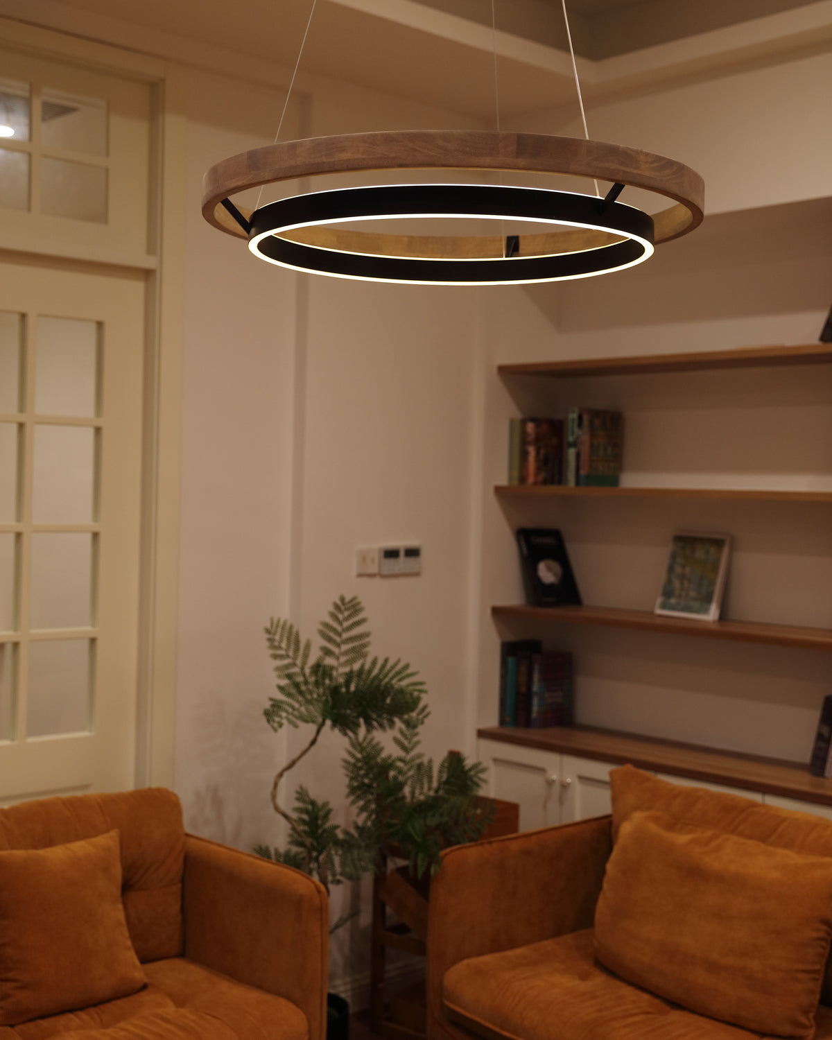 Wood and Acrylic Concentric Ring LED Chandelier