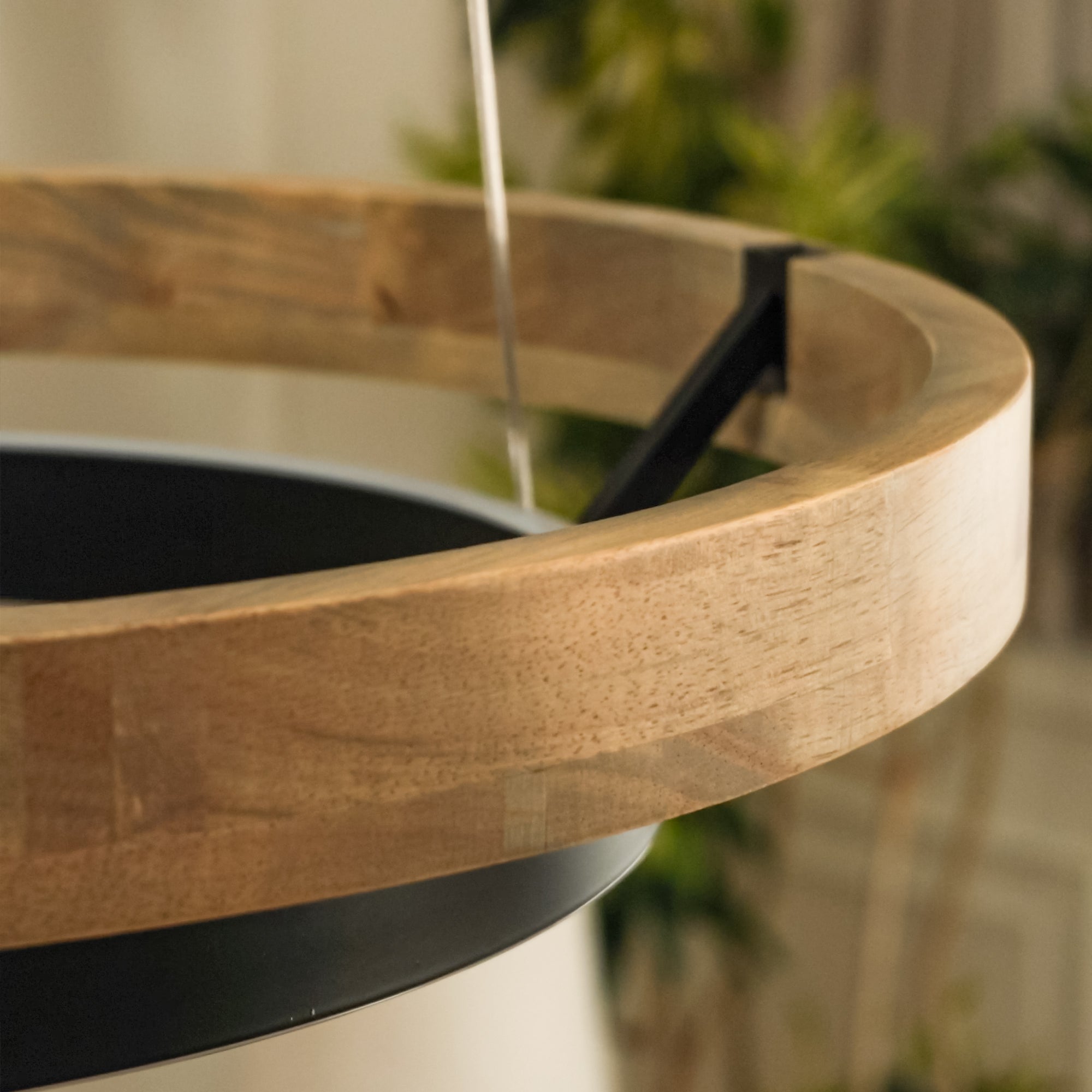 Close-up detail of the Wood and Acrylic Concentric Ring LED Chandelier
