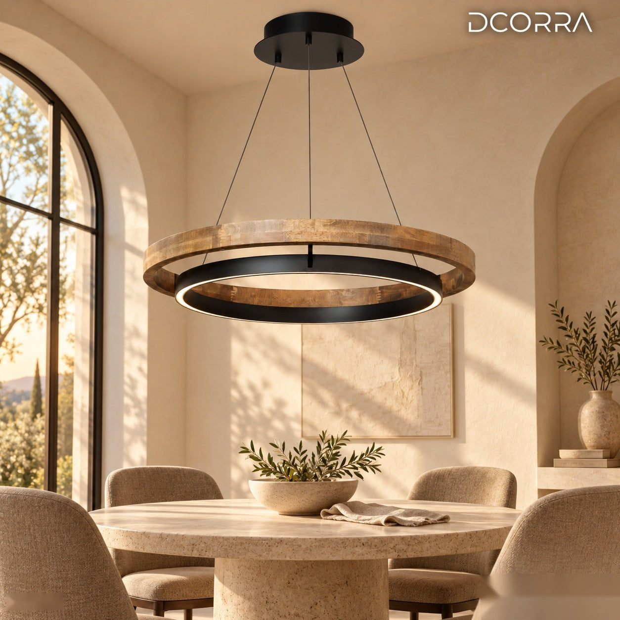 Wood and Acrylic Concentric Ring LED Chandelier above a dining table