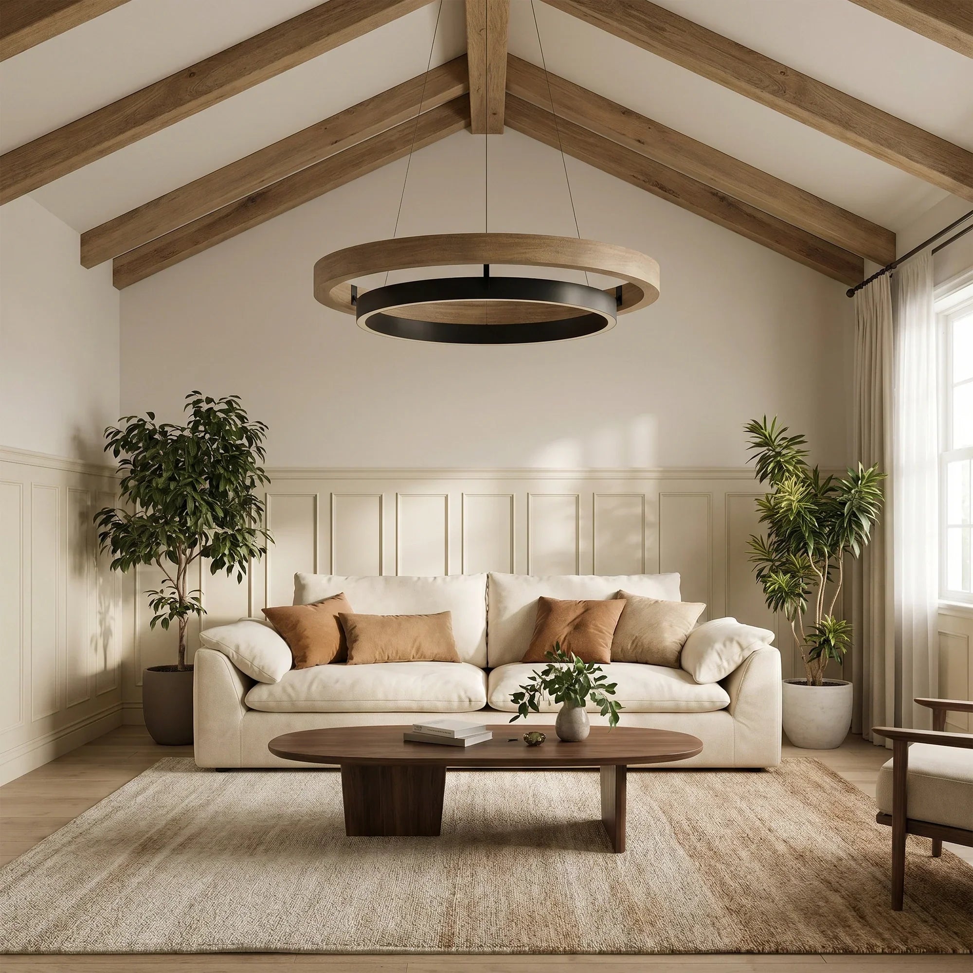 Wood and Acrylic Concentric Ring LED Chandelier in a living room