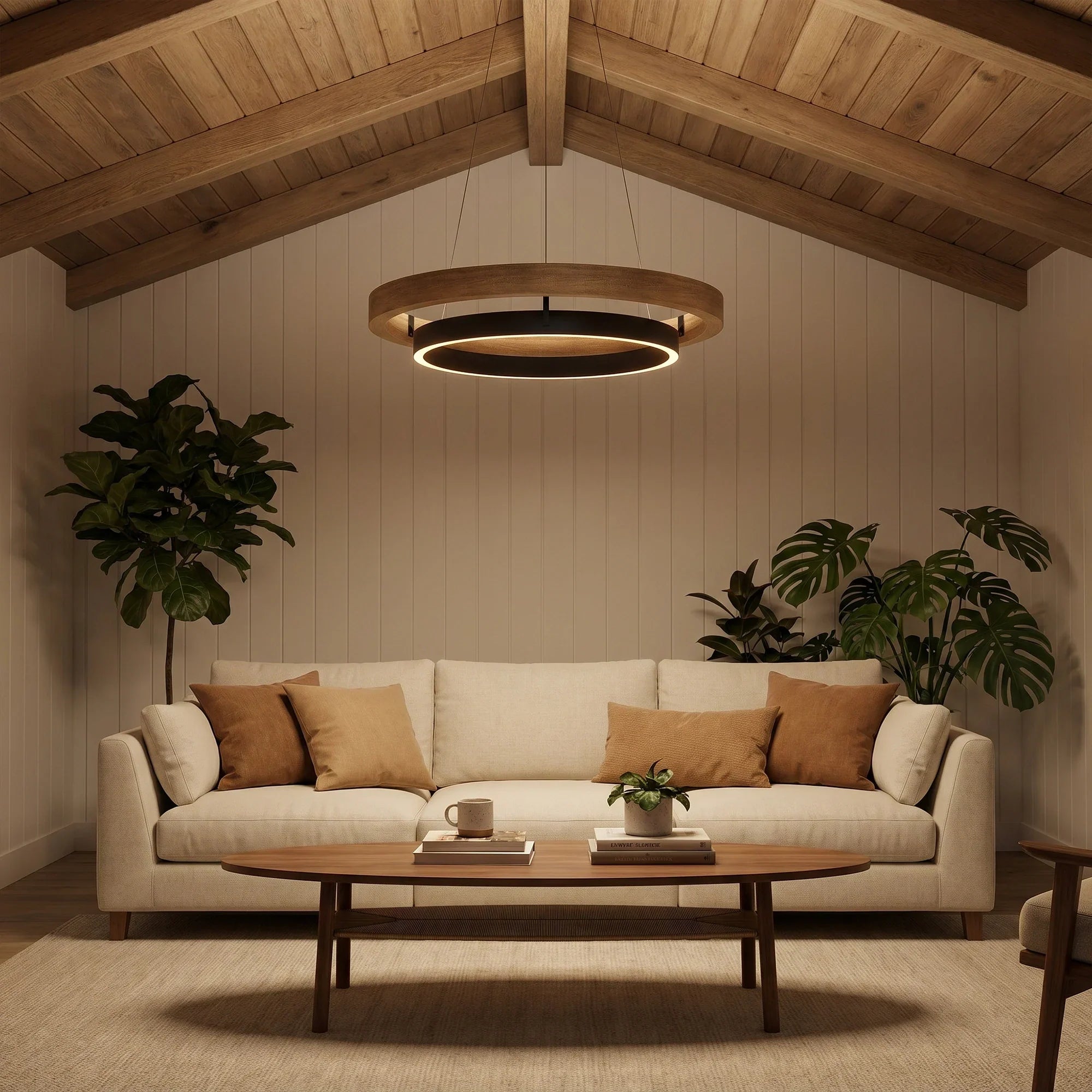 Wood and Acrylic Concentric Ring LED Chandelier in a living room