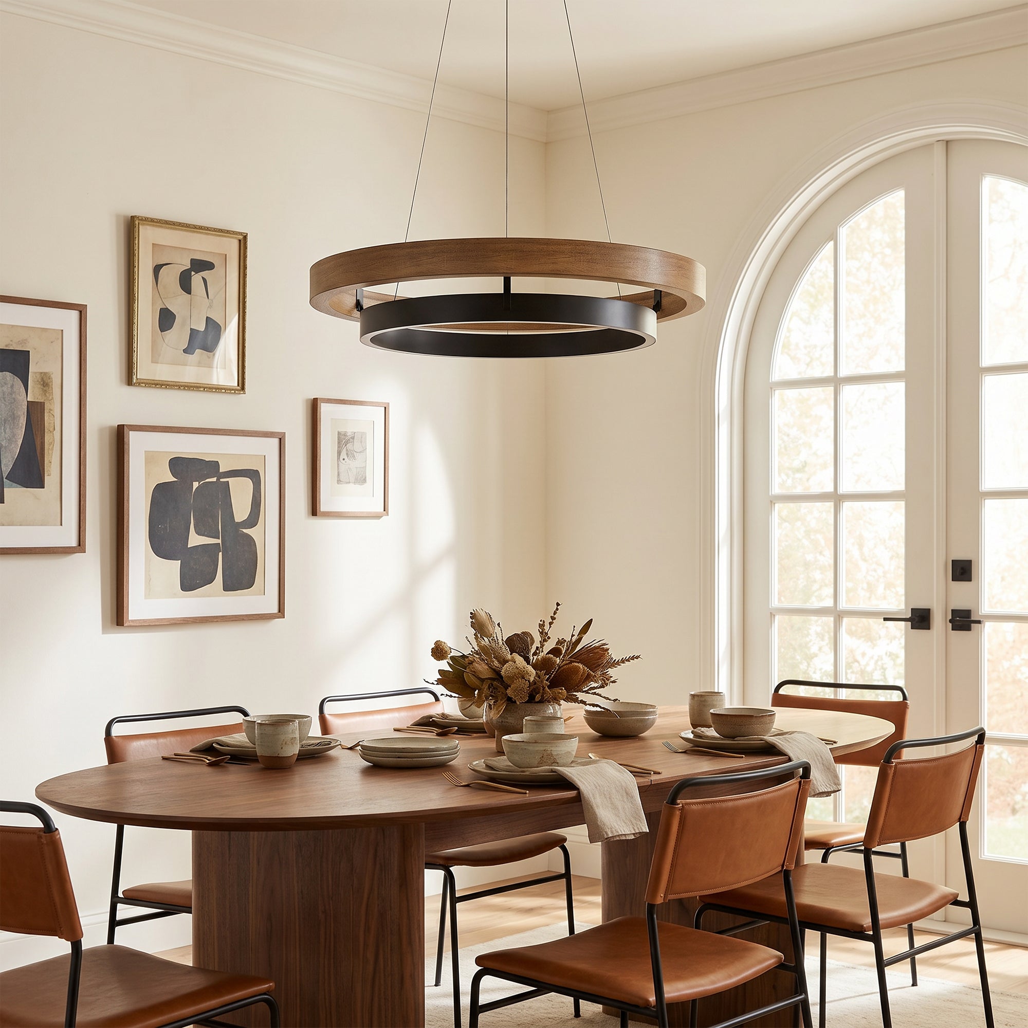 Wood and Acrylic Concentric Ring LED Chandelier above a dining table