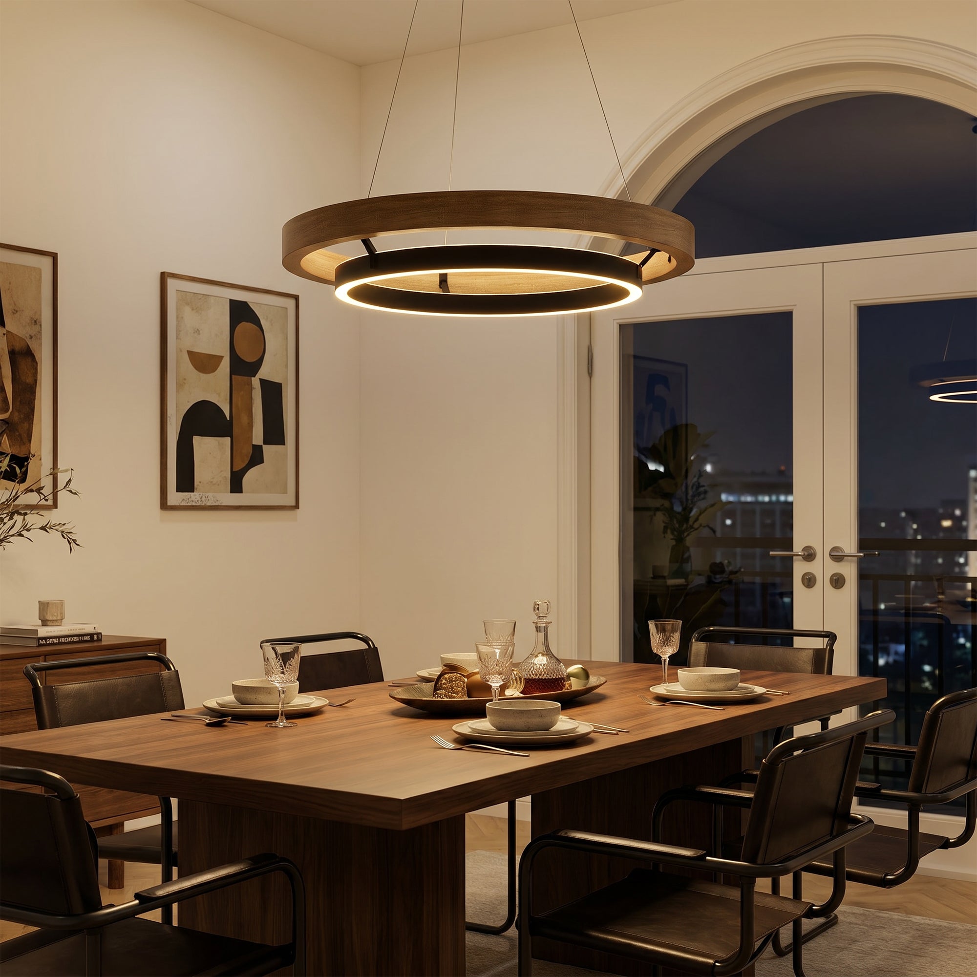 Wood and Acrylic Concentric Ring LED Chandelier above a dining table