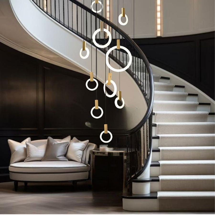 Wood and Acrylic LED Ring Chandelier above a staircase
