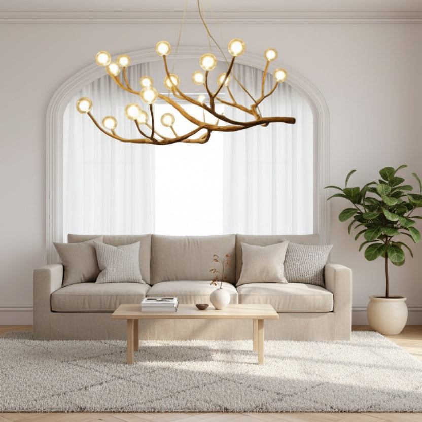 Wood-Tone Branch Glass Bubble Chandelier in a living room