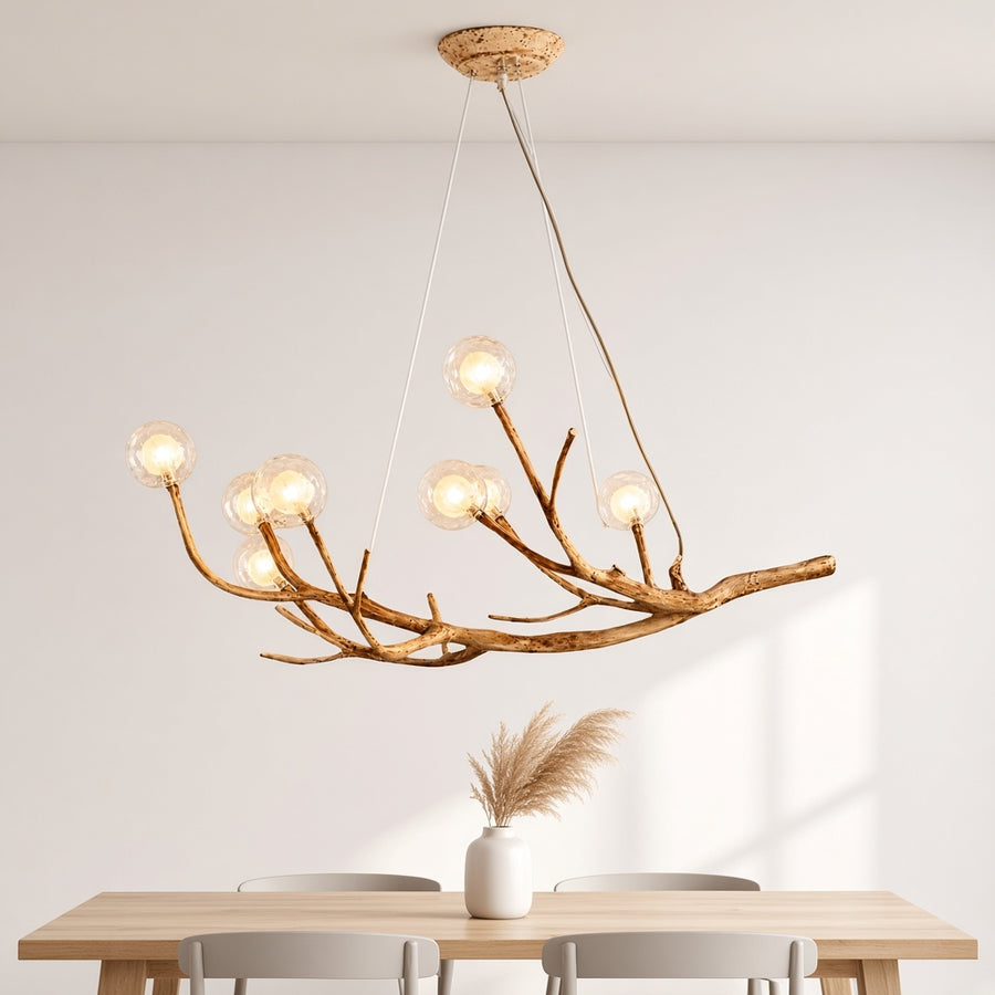 Wood-Tone Branch Glass Bubble Chandelier